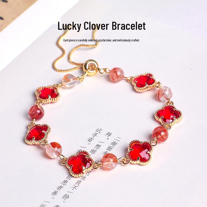 Lucky Clover Amethyst & Rose Quartz Women's Bracelet - Four-Leaf Clover Light Luxury Fashion Jewelry.
