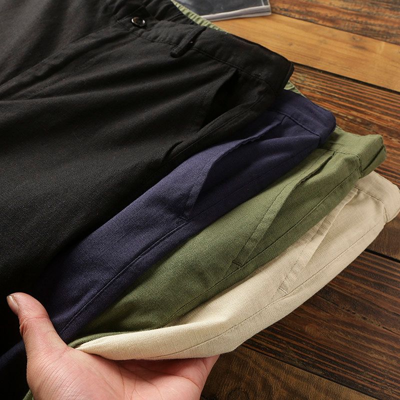 Breathable Linen! Export Men's Factory Balance Cargo with Logo Cut off Men Pure Color Pencil Pants Cotton and Linen Casual Pants Cropped Pants