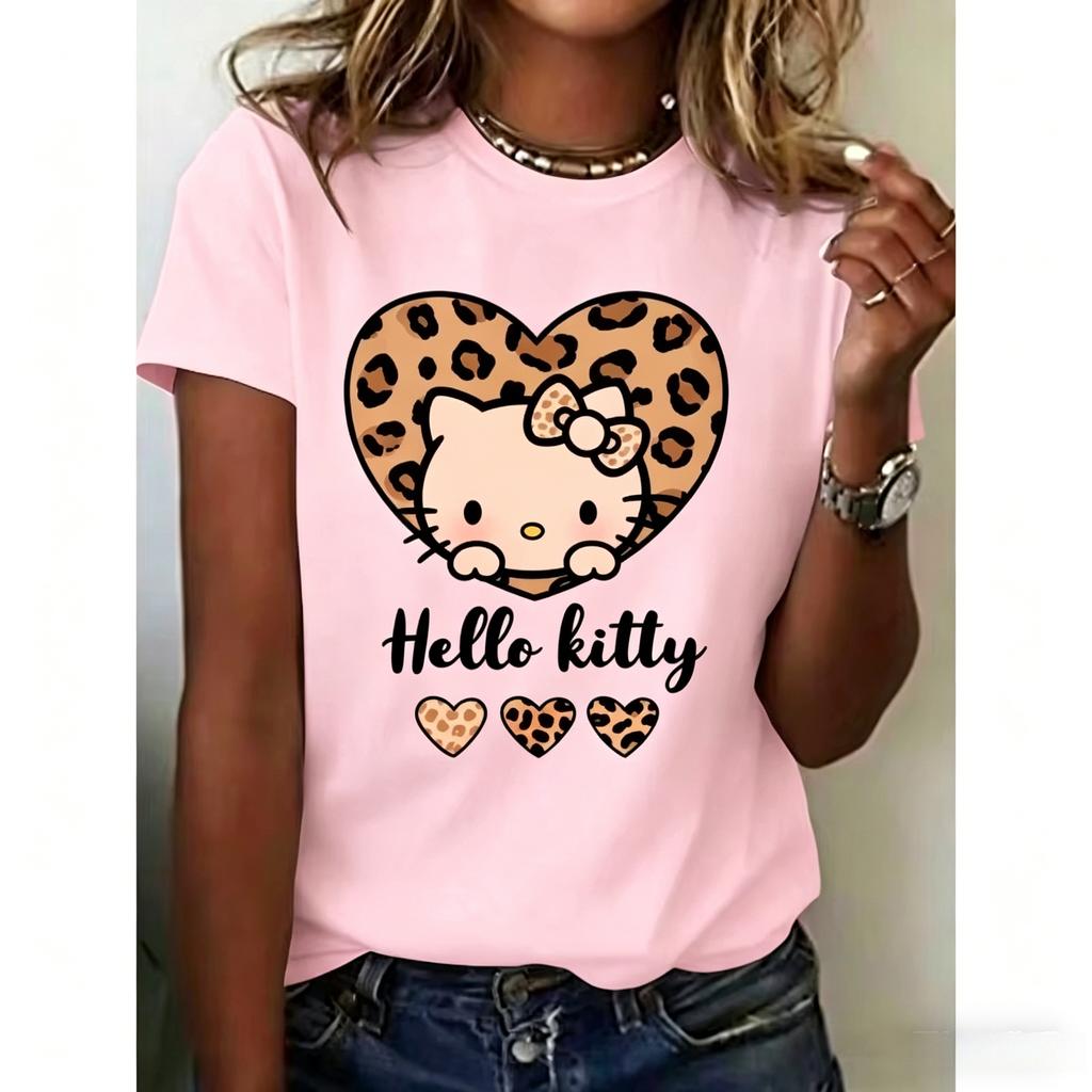 Cute Hello Kitty leopard print heart print slim fit women's casual street style short-sleeved T-shirt top for summer