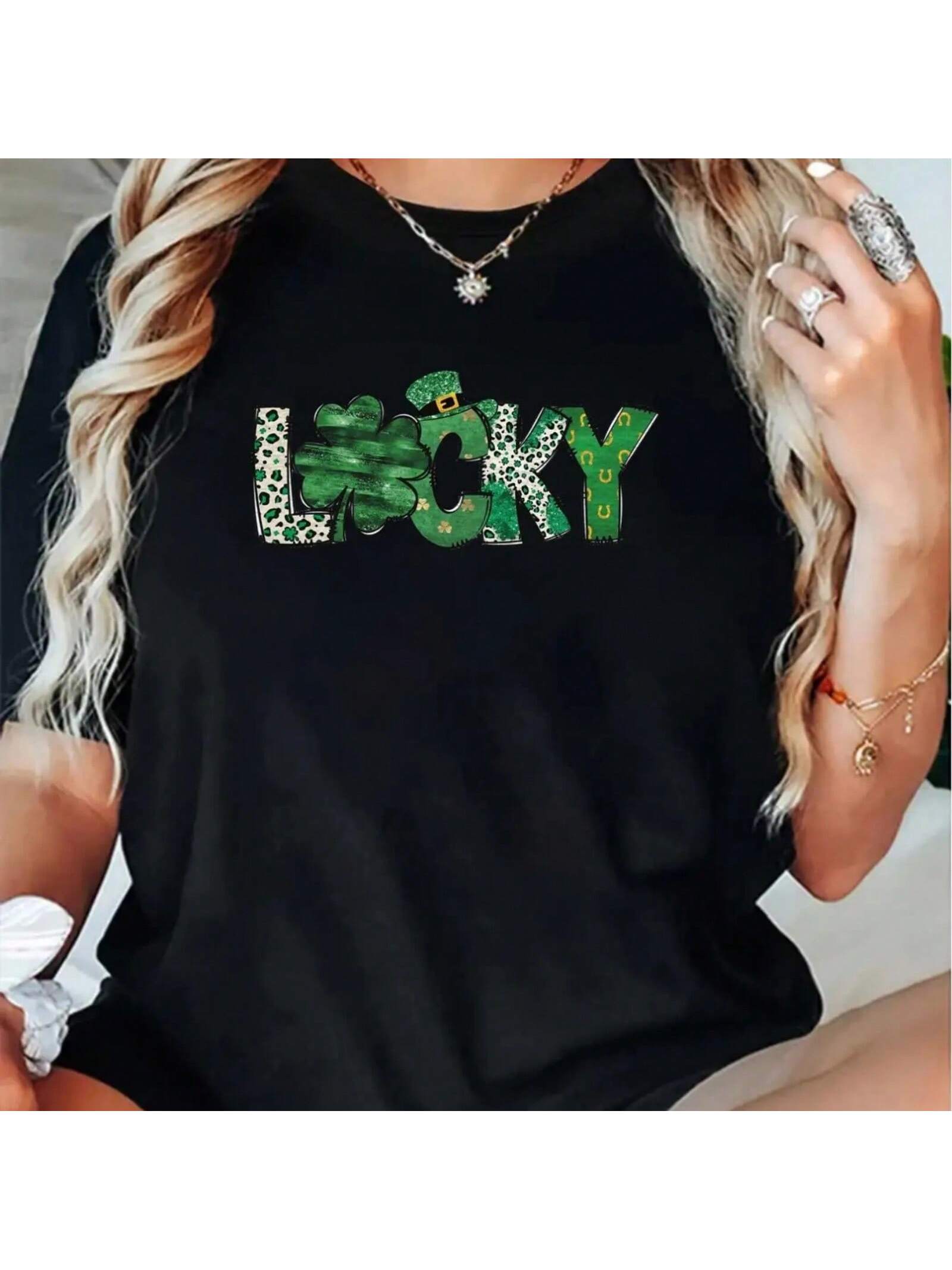 s St. Patrick Day T-Shirt - Casual Black Crew Neck With Green Shamrock Print, Soft, Short Sleeve, Perfect For Sp S разноцветный