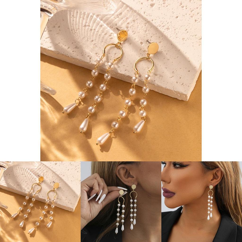 Modern Asymmetric Faux Pearl Tassel Earrings For Women In Gold Color