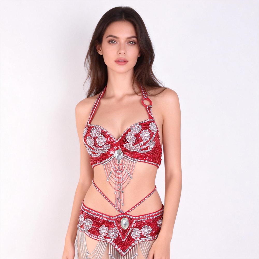 Handmade Beaded Belly Dance Costume Set - Bra & Waistband for Stage or Nightclub
