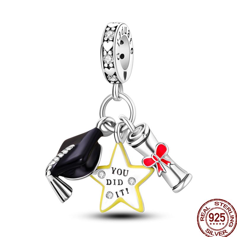 Graduation Series Pure Copper Metal Bachelor's Hat Certificate Flowers Charm Bead Components Bead Components Compatible With Pan Authentic Original