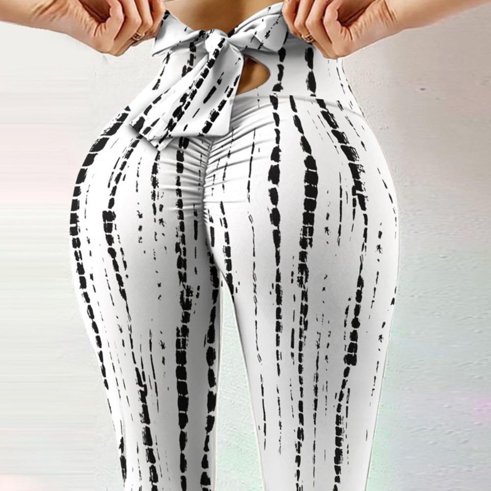 New Arrival Fitness High-Stretch Sweat-Wicking Digital Print Bow-Tie Drawstring Trousers Leggings High-Waisted Slim-Fit Yoga Pants for Women