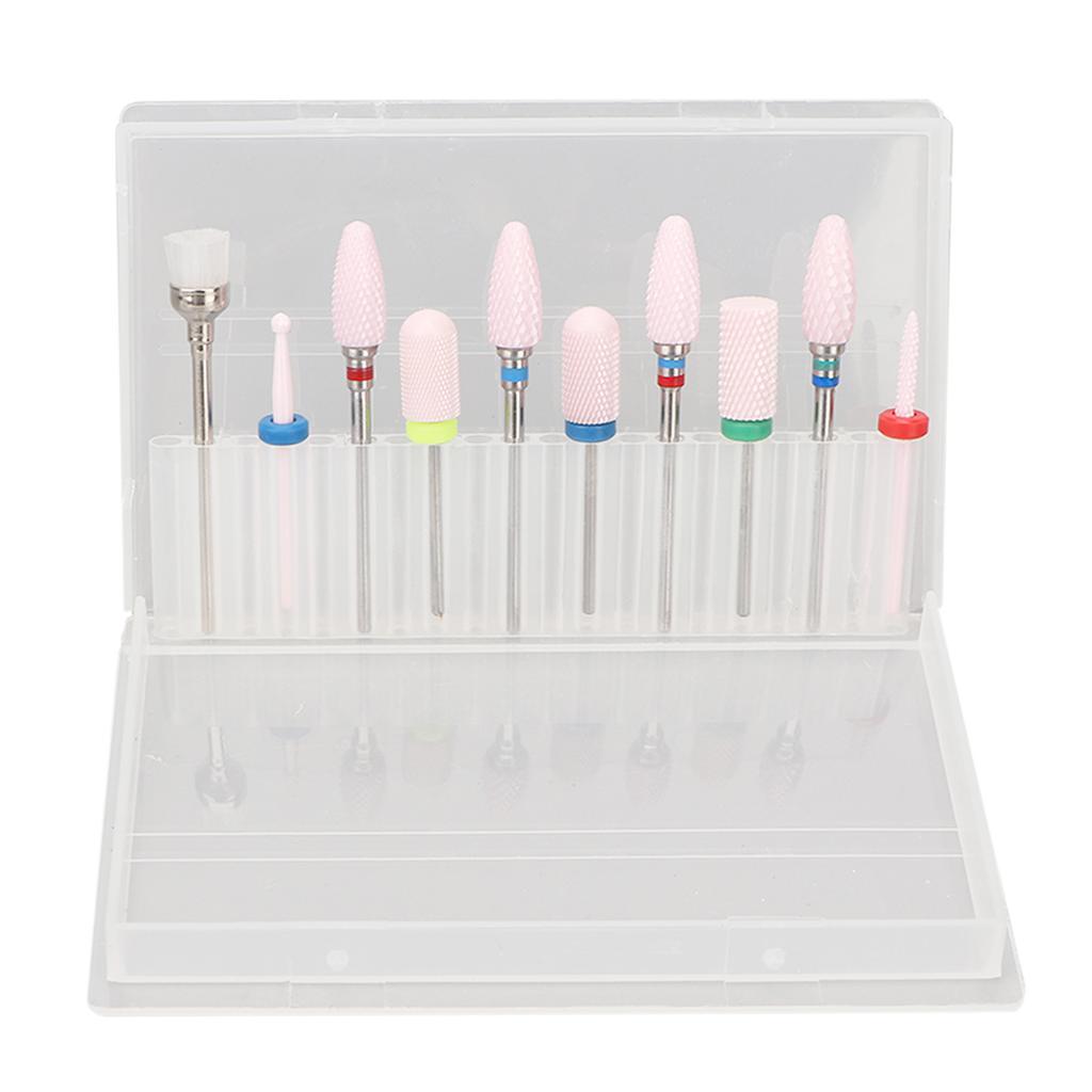 10pcs Nail Drill Bit Portable Ceramic Cuticle Remover Bits with 20 Hole Storage Box for Nail Artist