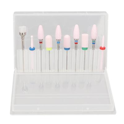 10 Stück Nagelbohrer Bits Tragbare Keramik-Nagelhautentferner Bits mit 20-Loch-Aufbewahrungsbox für Nageldesigner