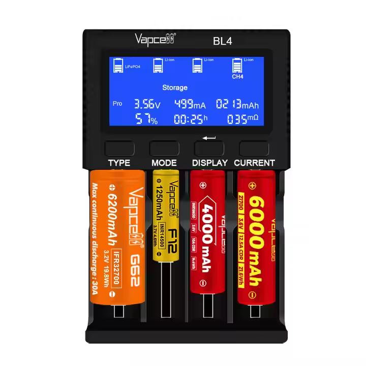 Vapcell BL4 Fast Charger 4-Slot 9V2A Battery Charger Can Charge 1.5V Li-ion,18650 21700 26650 32700 26800 Battery Type-C чёрный