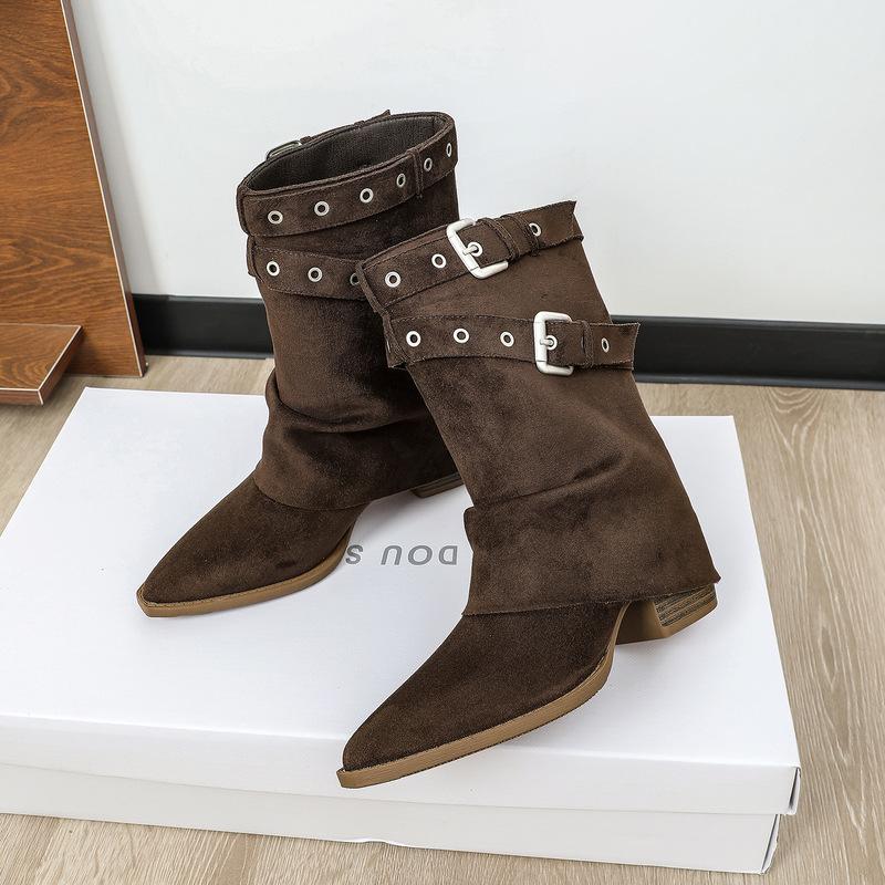 Retro-style Pointed-toe Slouch Boots High-heeled Chunky-heeled Buckle Western Cowboy Ankle Boots 39 темно-коричневого 6470₽