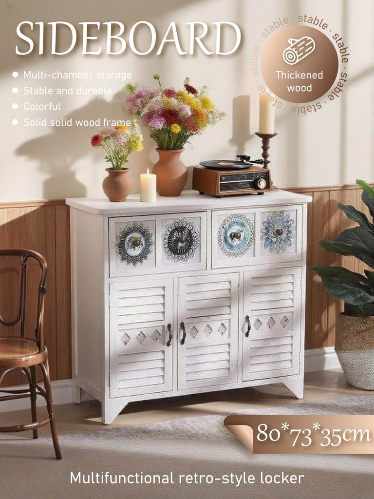 Retro-Style Solid Wood Sideboard (807335cm) - Multichamber Storage Cabinet with Colorful Decorative Panels