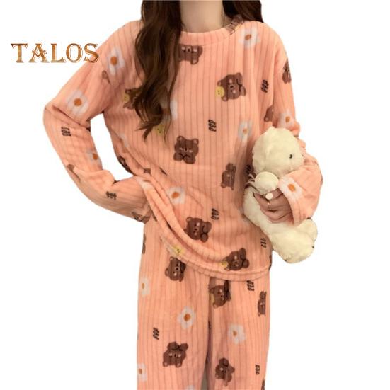 Ensemble de pyjama d'hiver 2 pièces pour femme, col rond, motif ours et pêche, manches longues, polaire corail, vêtements d'intérieur, haut et pantalon, vêtements de détente amples pour femme