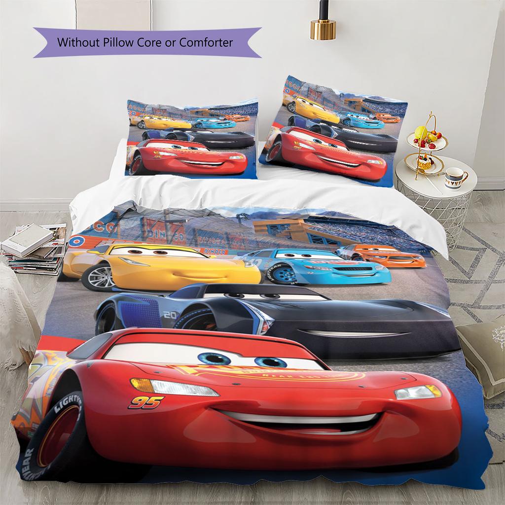 Dreiteiliges Bettwäsche-Set mit Cars-Cartoon-Print, bestehend aus Bettbezug und Kissenbezügen, weich und atmungsaktiv, Bettdecke nicht enthalten.