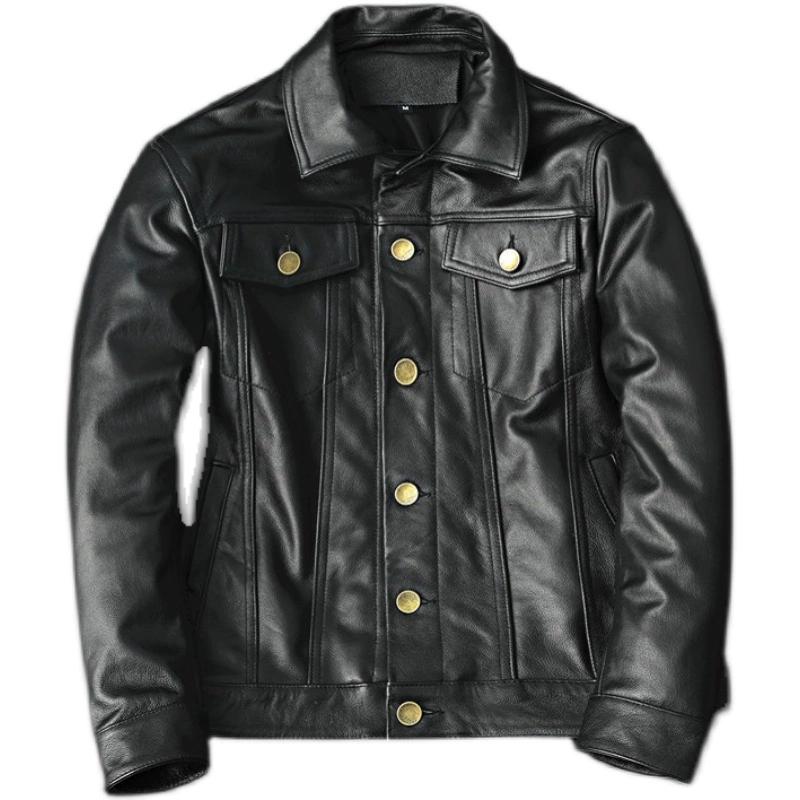 Ny Herr Äkta Läderjacka Smal Passform Koskinn Denim Bikerrock Casual Affärs Kort Rock