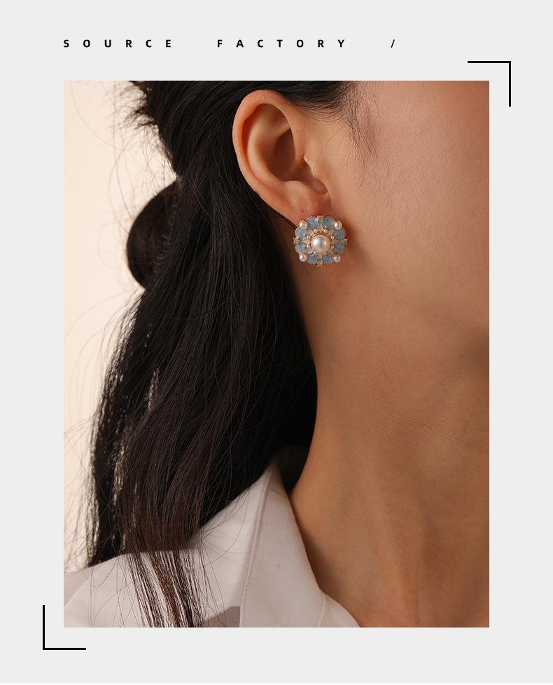 Vintage French Blue Enamel Flower Pearl Earrings - Light Luxury Retro Style for Women