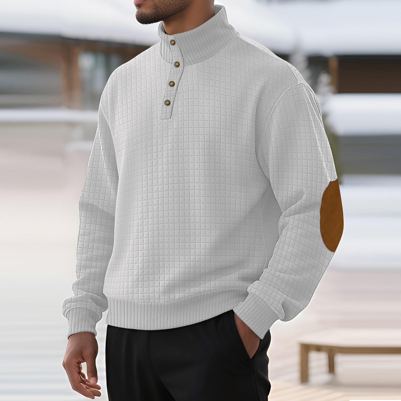 

Мужская спортивная толстовка для активного отдыха с мелким клетчатым узором, воротником-стойкой, длинными рукавами, пуловером, застежкой на пуговицы XL белый