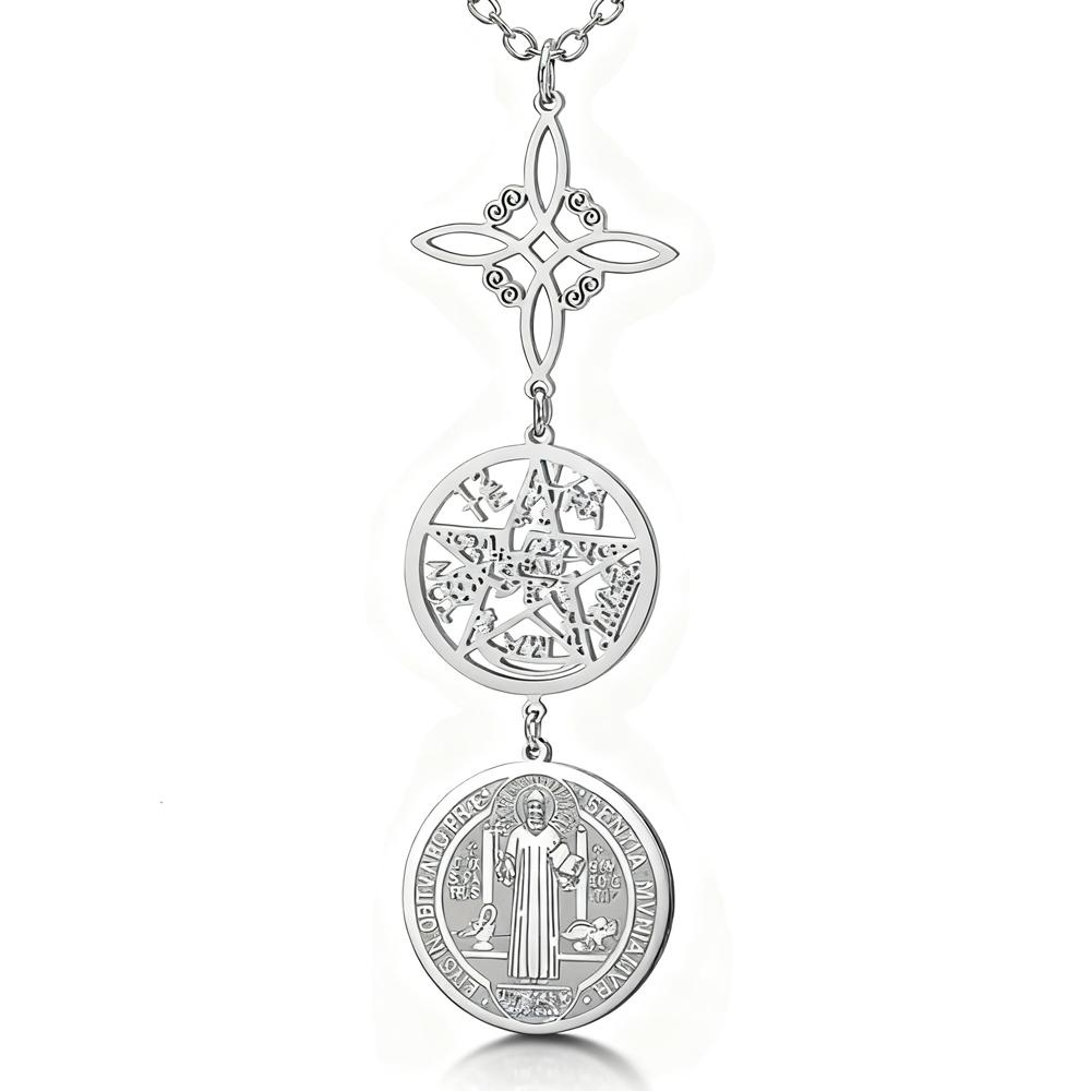 Nerezový přívěsek s trojitou ochranou s čarodějnickým uzlem, pentagramem, tetragrammatonem, st. Benediktův ochranný amulet šperk