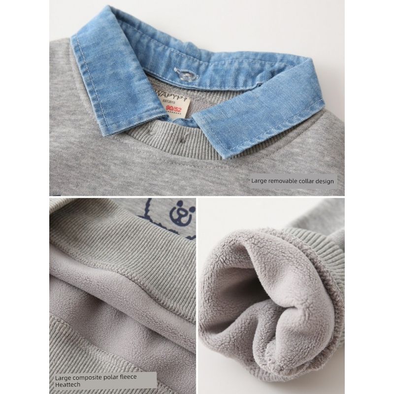 Kids False Two-Piece Sweaters Fleece-lined Children's Clothing Boys' Denim Collar Polo Tops Boys' Polar Fleece Lapel Clothes