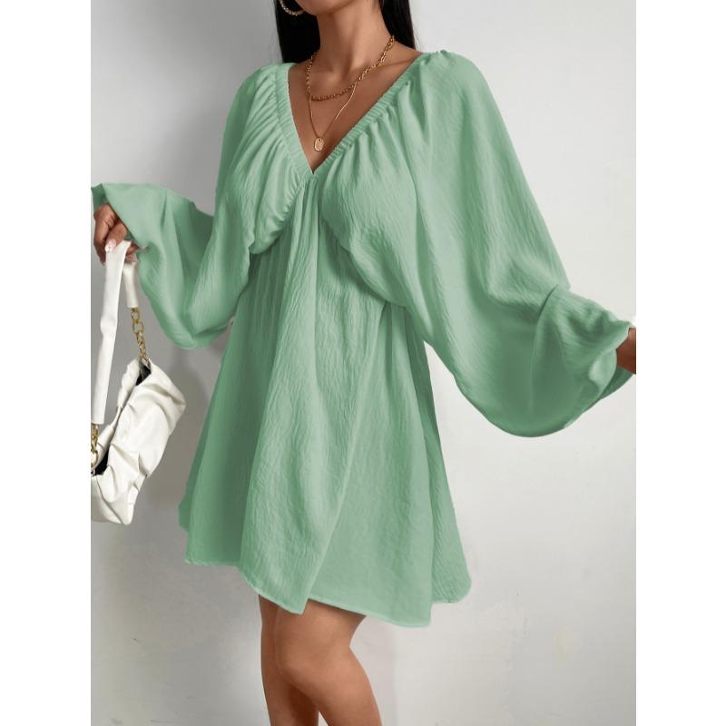 Elegant Fashion Deep V-neck Long Sleeved Women Dress Spring Summer Simple Casual Loose Sexy Solid Color A-line Party Dress Female Office Ladies