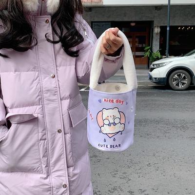 Autumn and Winter Plush Handbag Cartoon Bucket Bag Student Work Small Bag Canvas Bento Bag Cute Fun