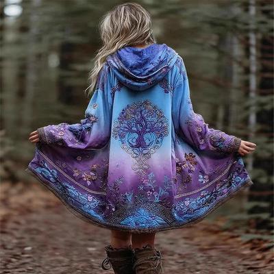 Plus Size Hooded Trench Coat Cardigan - Women's 2025 Autumn/Winter Printed Mid-Length Jacket