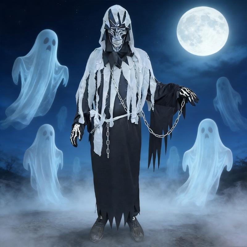 6Pcs Grim Reapers Costume for Adults,Scary Halloween Costume with Grim Reapers Mask Headgear Skeleton Gloves,Waist Belt