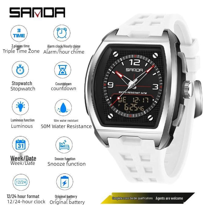 Sanda Men's Trendy Multi-Window Fashionable Watch: 3D Stereo Stopwatch, Waterproof, Alarm Clock, Multifunctional Electronic Design.