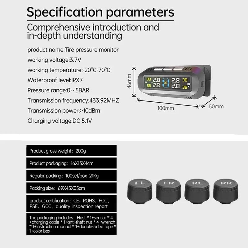 Smart TPMS Car Tire Pressure Alarm Monitor System 4 External Sensors Display Solar Intelligent Tyre Pressure Temperature Warning