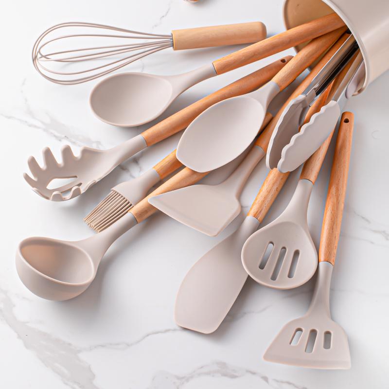

12pcs, Silicone Utensil Set, Khaki Kitchen Utensil Set With Wooden Handle, Safety Cooking Utensils Set, Non-Stick Kitchen Tools хаки