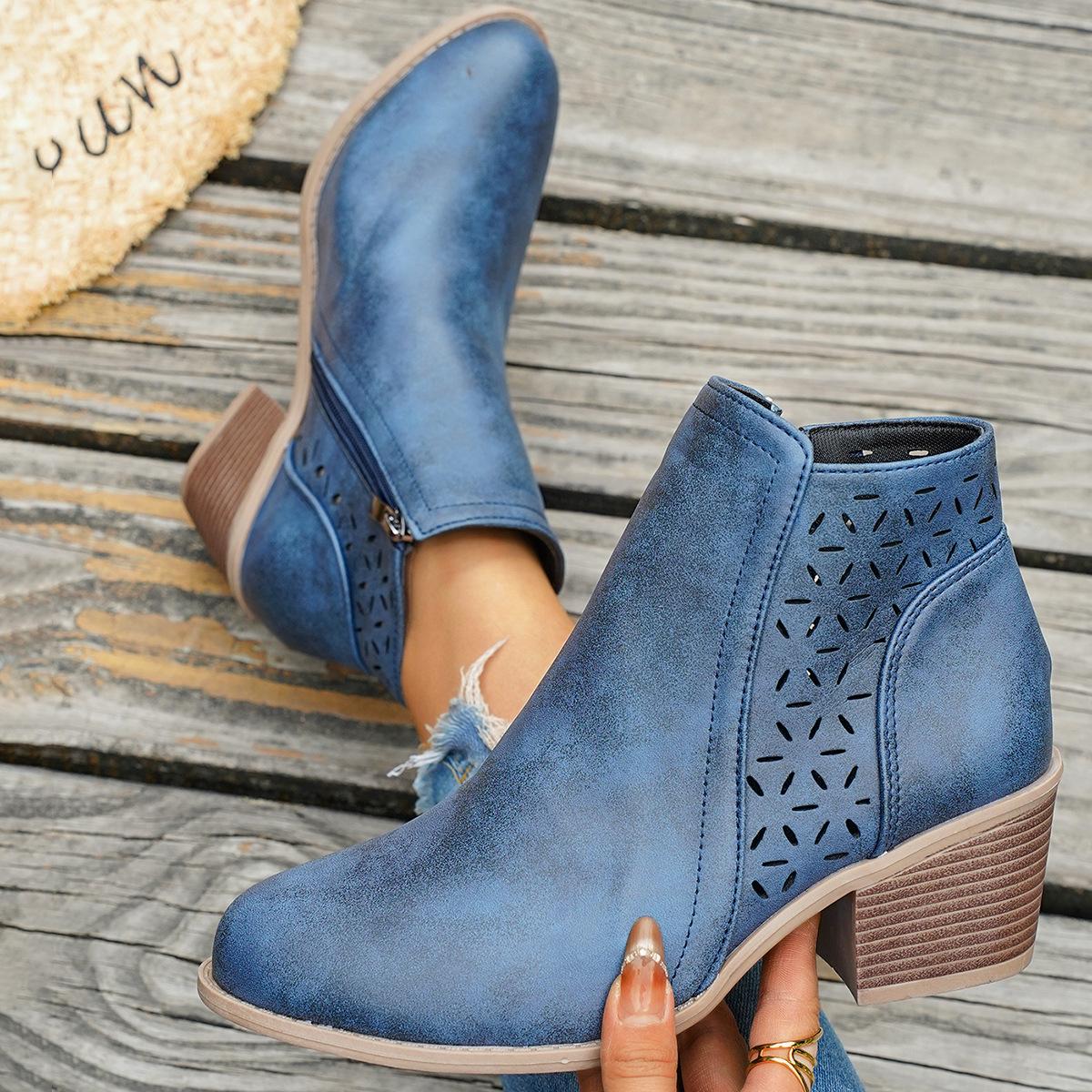 

Жіночі ankle boots з вирізами, широка колодка, гострий носок, низький каблук, черевики Martin, зимове взуття в європейському стилі для жінок 40 синій