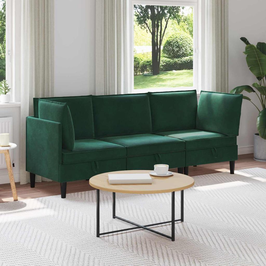 Living Room Set with Cushions 3 pcs Dark Green Velvet