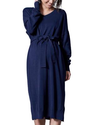 Süßes Umstands- und Stillkleid, langes Strickkleid mit Stillöffnung, V-Ausschnitt, Bio-Baumwolle, Marineblau, 100 %