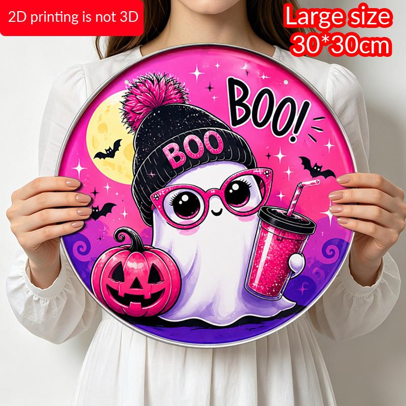2D Flat, 1pc Round Aluminum Hanging Sign - Cute Pink BOO Decorative Signs, Halloween Holiday Party Metal Aluminum Plaque, Bar Porch Yard Living Room