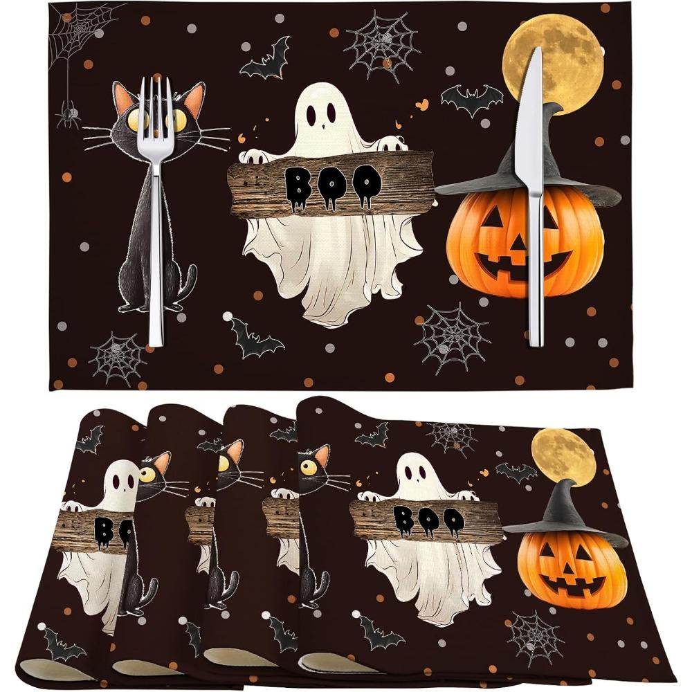 Halloween Placemats Set Of 4, Black Cat Ghost Bat Linen Heat Resistant Washable Non-Slip Place Mats For Party Kitchen Dining