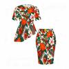 Women Plus Size Round Neck Short Sleeve Tropical Floral Printed Asymmetric Top Fitted Skirt Two Piece Set