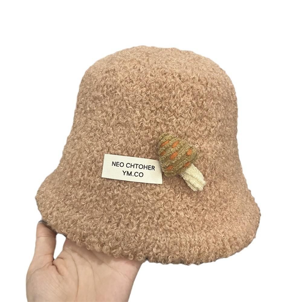 Cute three-dimensional mushroom bucket hat autumn and winter new lamb wool warm and cold-proof split bucket hat female