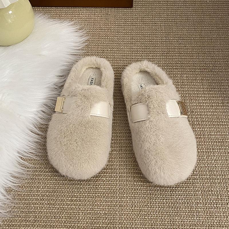 Internet Celebrity Explosion Mink Hairy Shoes Women Winter Wear Belt Buckle Thick Sole Velvet Bean Shoes Fairy Warm Cotton Mop