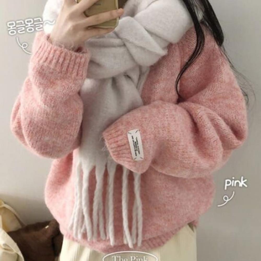The Pink Loose Fit Label Patch Boucle Wool Knit