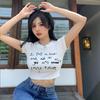 European, American English slogans Printed sexy exposed navel short T-shirt fashionable round neck slim slim top women's multi-picture