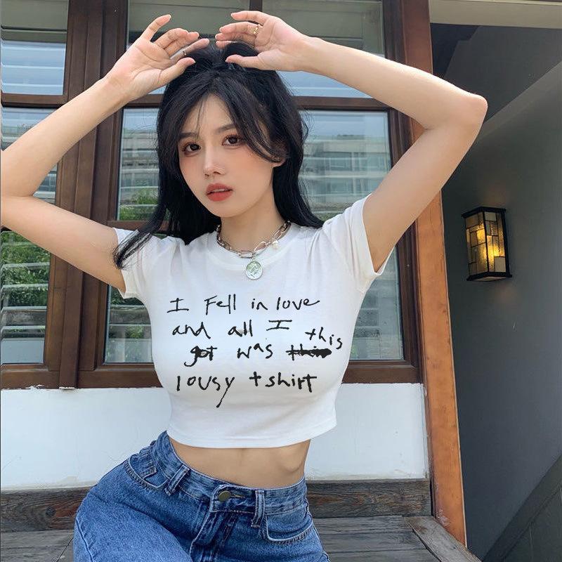 European, American English slogans Printed sexy exposed navel short T-shirt fashionable round neck slim slim top women's multi-picture