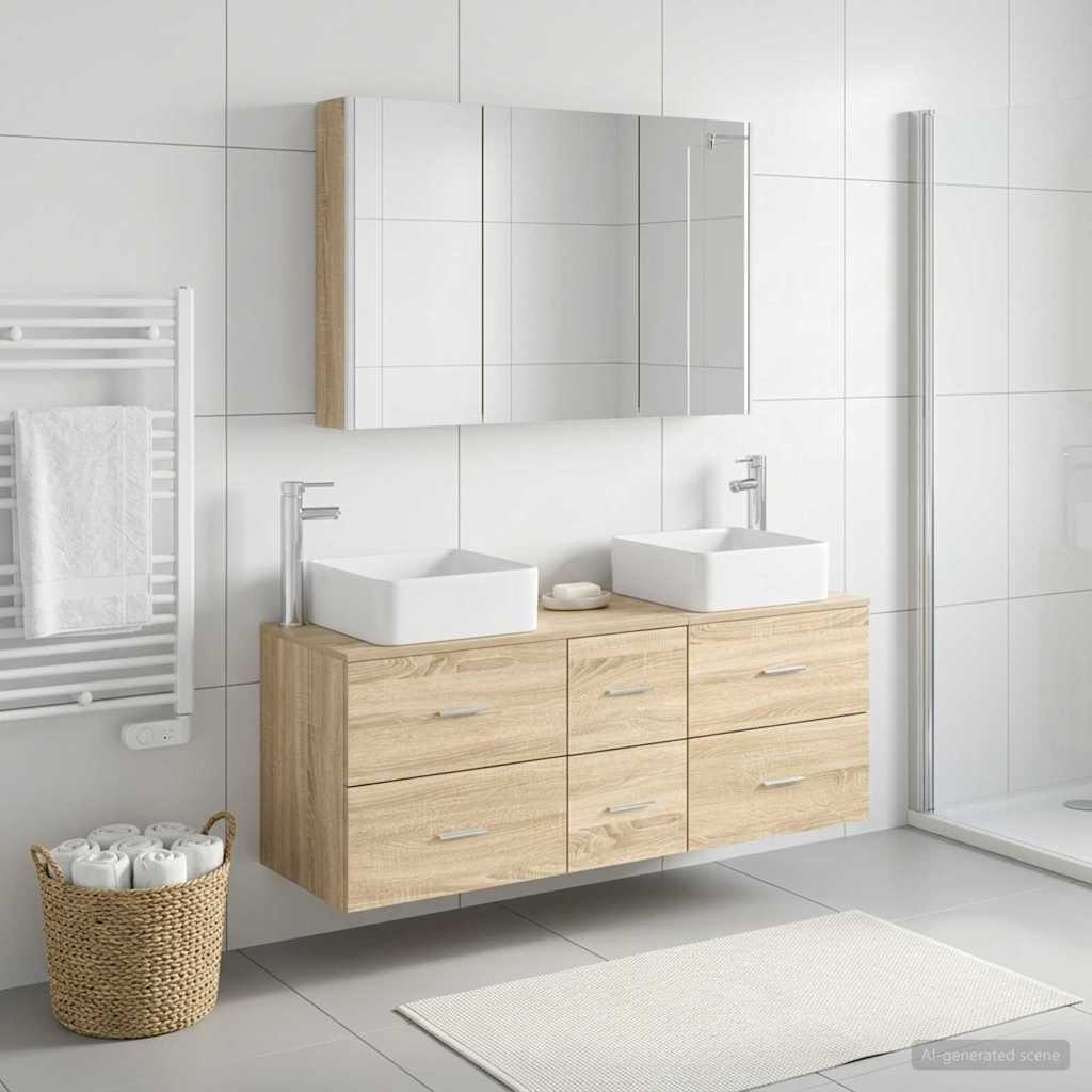 4 Piece Bathroom Furniture Set Sonoma Oak Engineered Wood and Glass