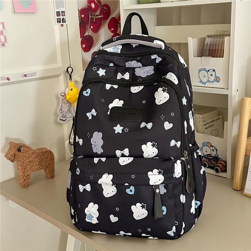 Cute Bear and Bow Print School Backpack with Multiple Front Pockets Casual Daypack for Girls
