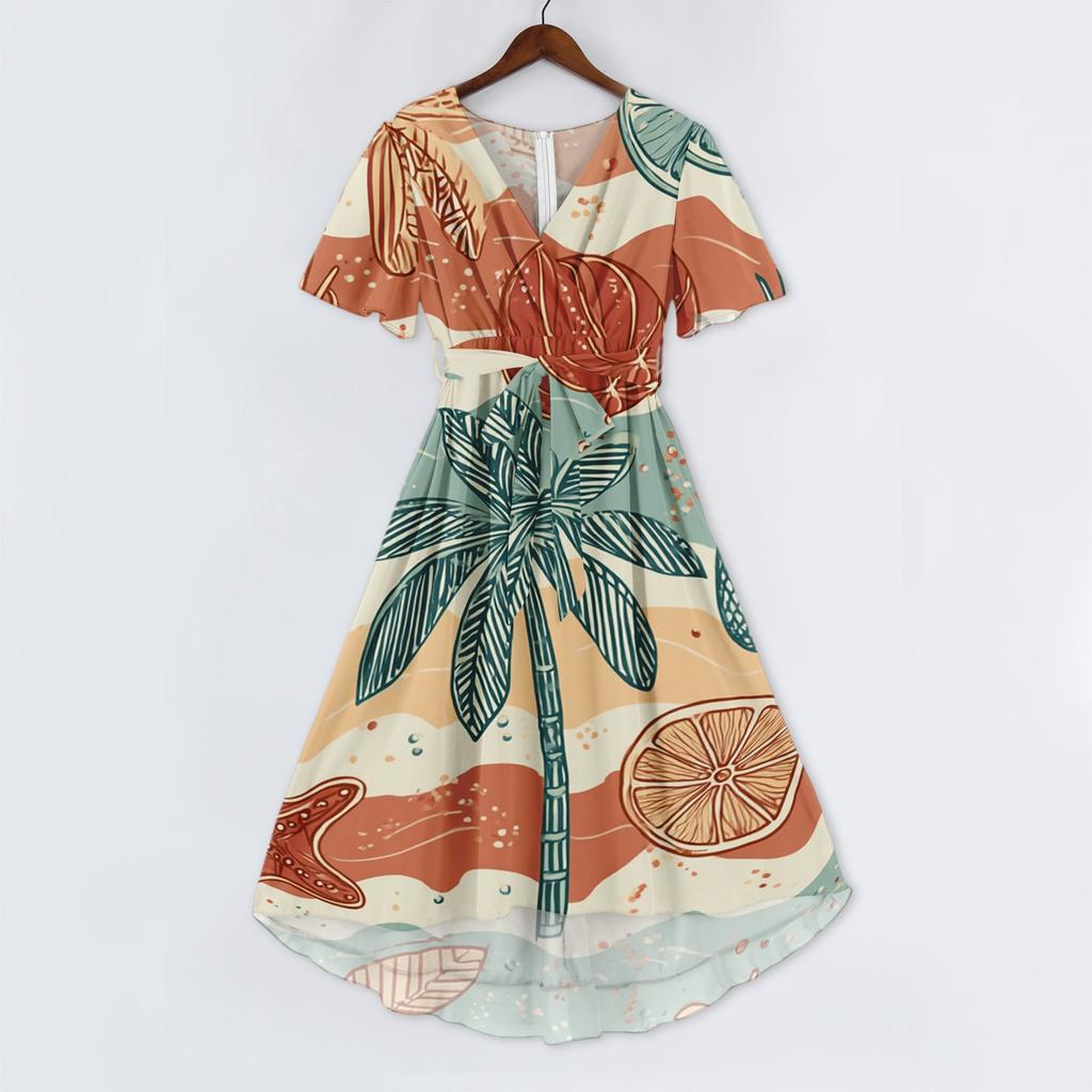 Women's Casual V Neck Short Sleeve Hawaiian Print Dress Midi Length Lightweight Comfortable Summer Beach Dress