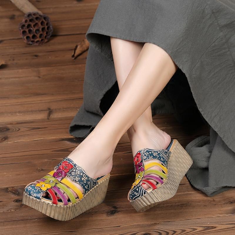 Fashion GKTINOO 2025 Summer New Hollow Out Handmade Shoes Women Slides Genuine Leather Cover Toes Flower Female Platform Wedges Slippers