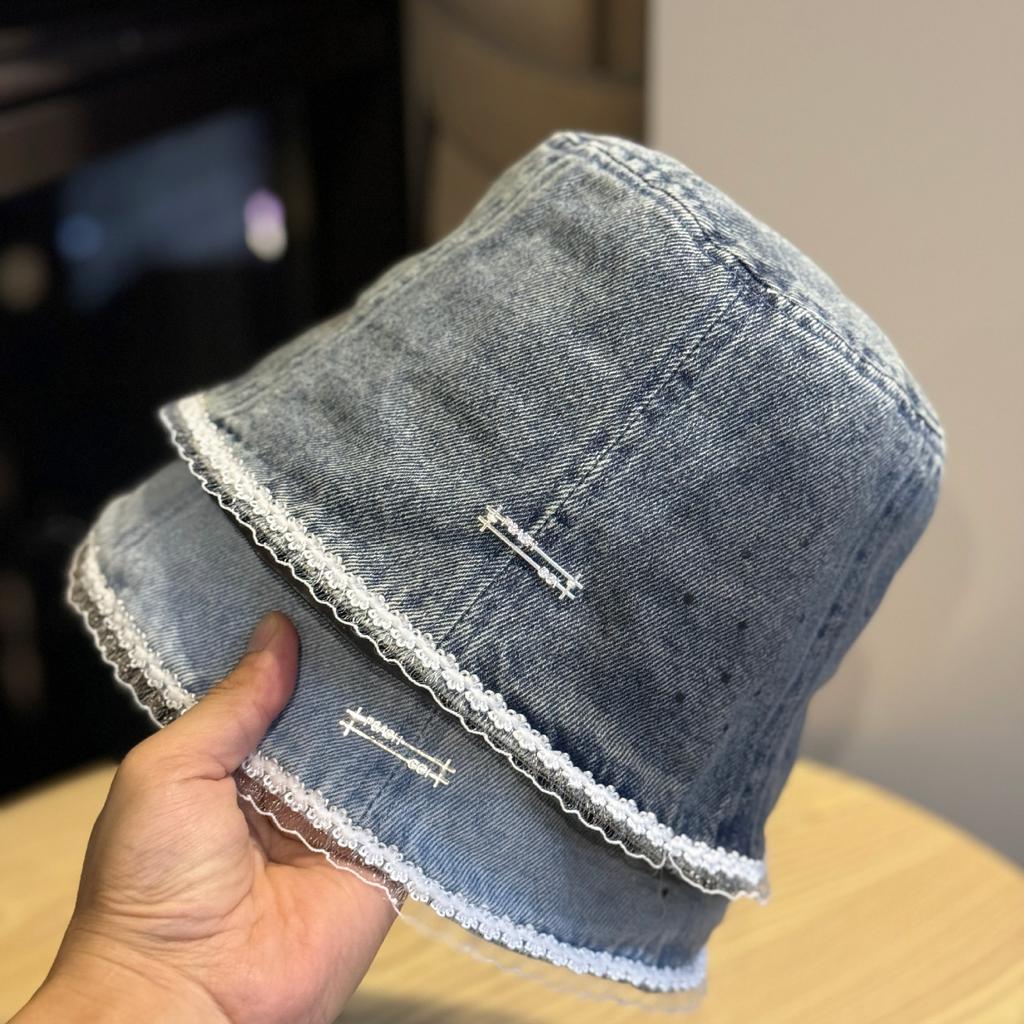 Japanischer Spitzen-Denim-Bucket Hat für Damen im Frühling und Herbst Vielseitiger schlichter Fischerhut Neue Gesichtsbedeckung Nischen-Beckenhut