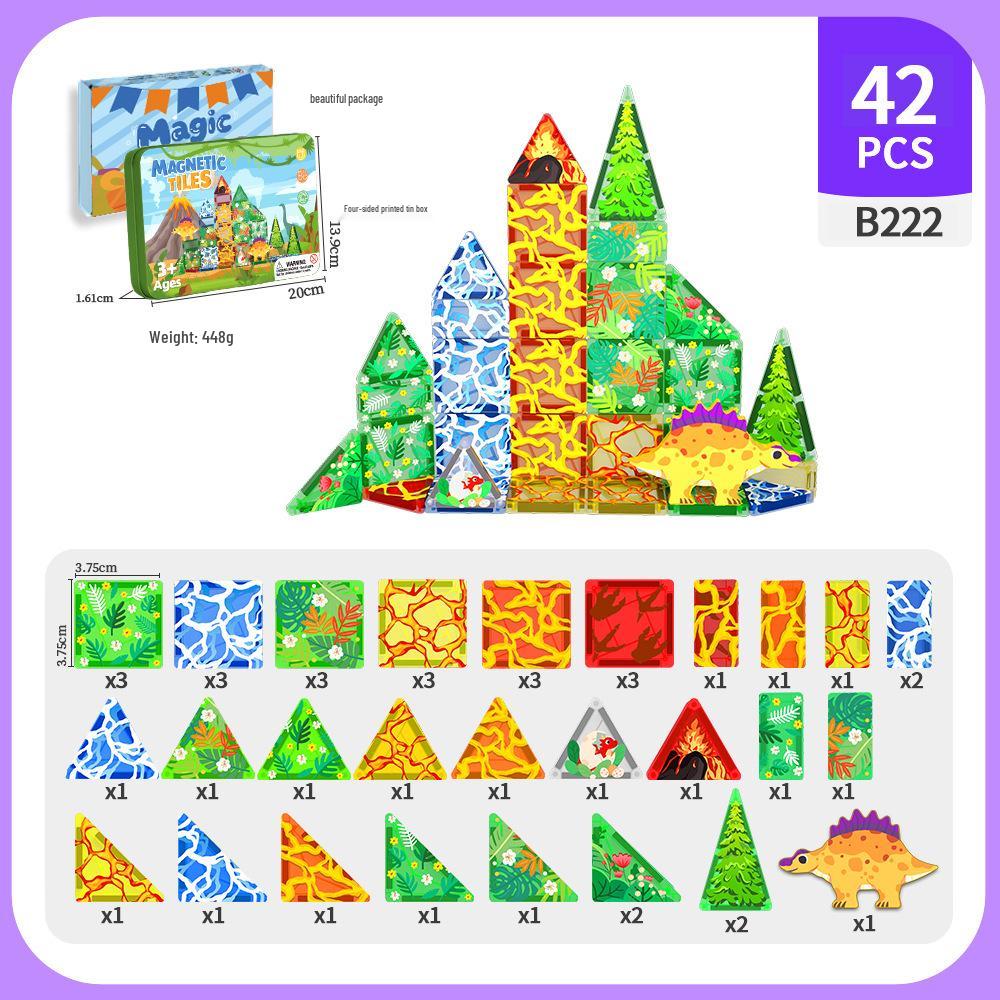 Dinosaur Themed Magnetic Tiles Educational Toy for Children - Portable & Printed Mini Set 3.75 cm