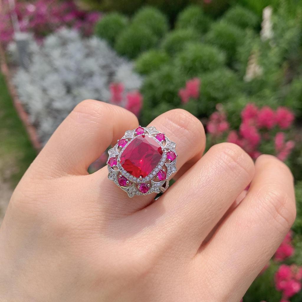 Jewelry Women'S, Simulation Red Glass Ring With Diamonds Women'S Ring Main Stone 10 * 12