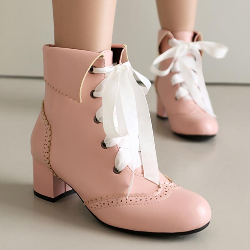 White Ankle Boots for Women Lolitas Autumn Winter 2024 Black Pink Short Boot Low Heels Footwear Shoes Girls Waterproof