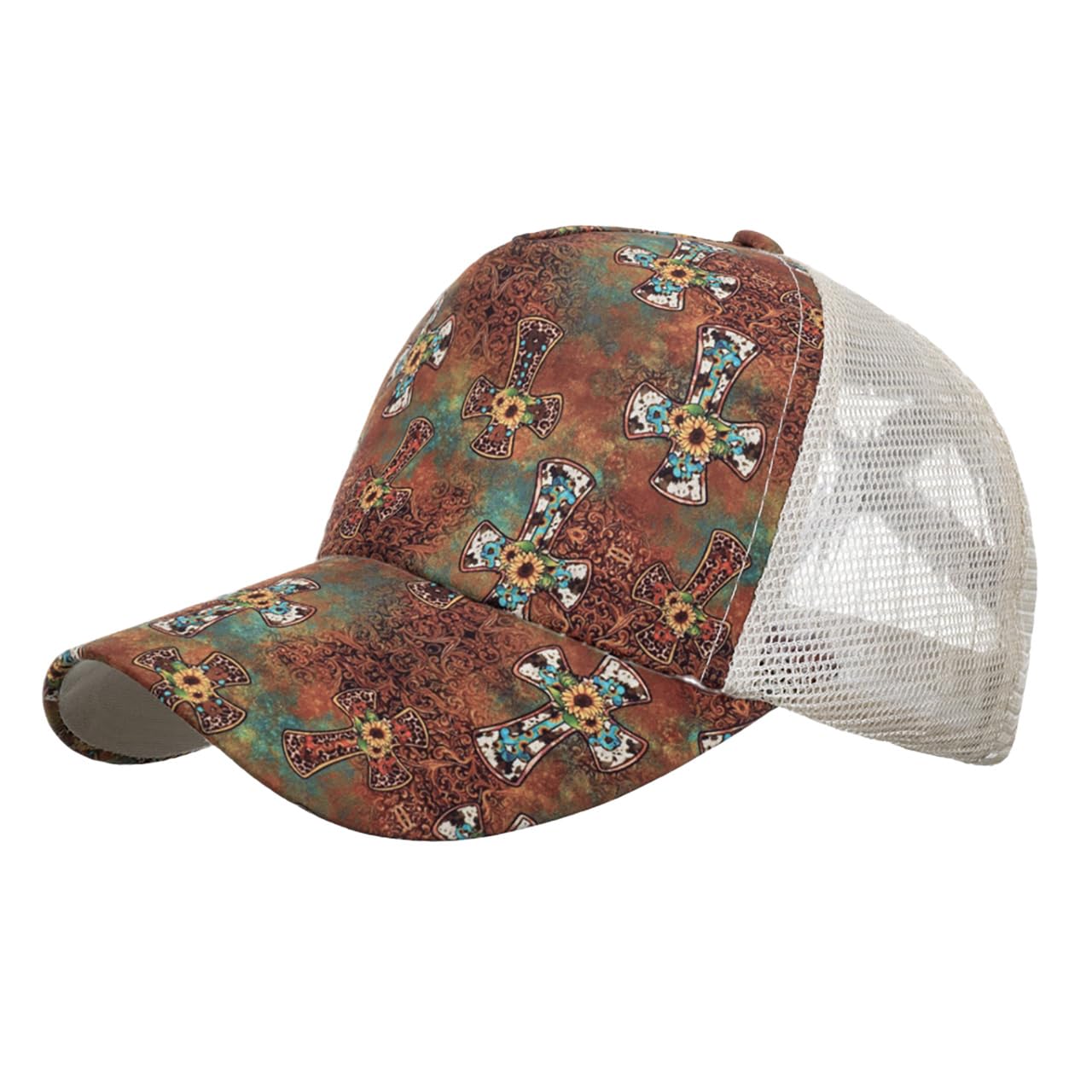 

Cross Design Mesh Cap Casual Hat Outdoor Men Women CZ991 [White Fang] (Brown)
