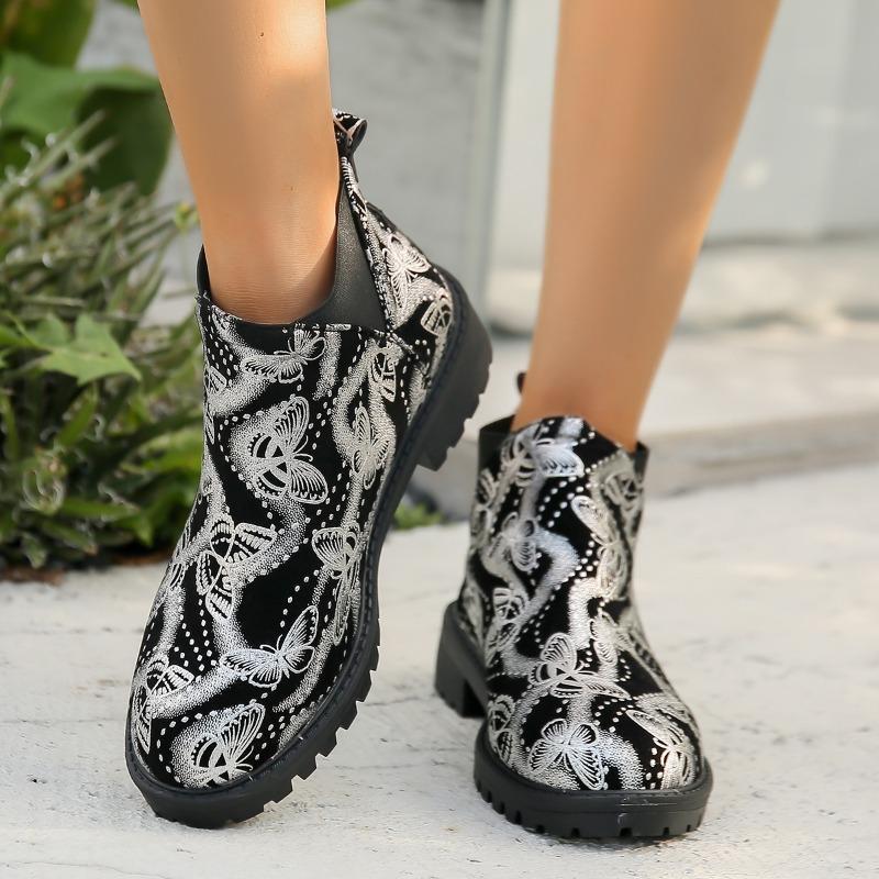 Large Size Short Boots Women's Autumn and Winter New Fashion Butterfly Print Round Head Short Sleeve Foot and Ankle Martin Boots
