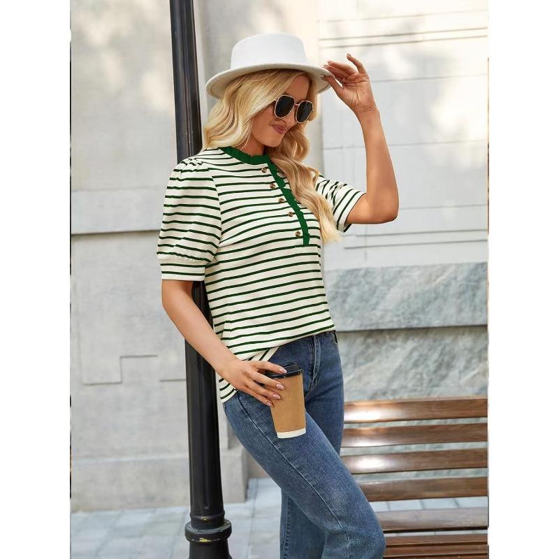 Women Casual Loose Striped Ruffled Collar Short Sleeve T Shirt Top