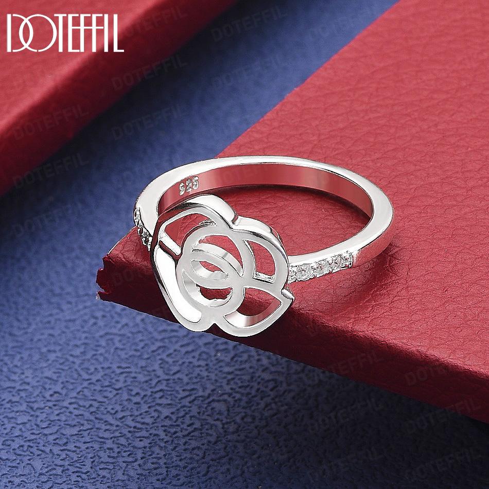 925 Sterling Silver Elegant Openwork Camellia Ring With AAA Zircon Set On Both Sides - Stylish Wedding Ring